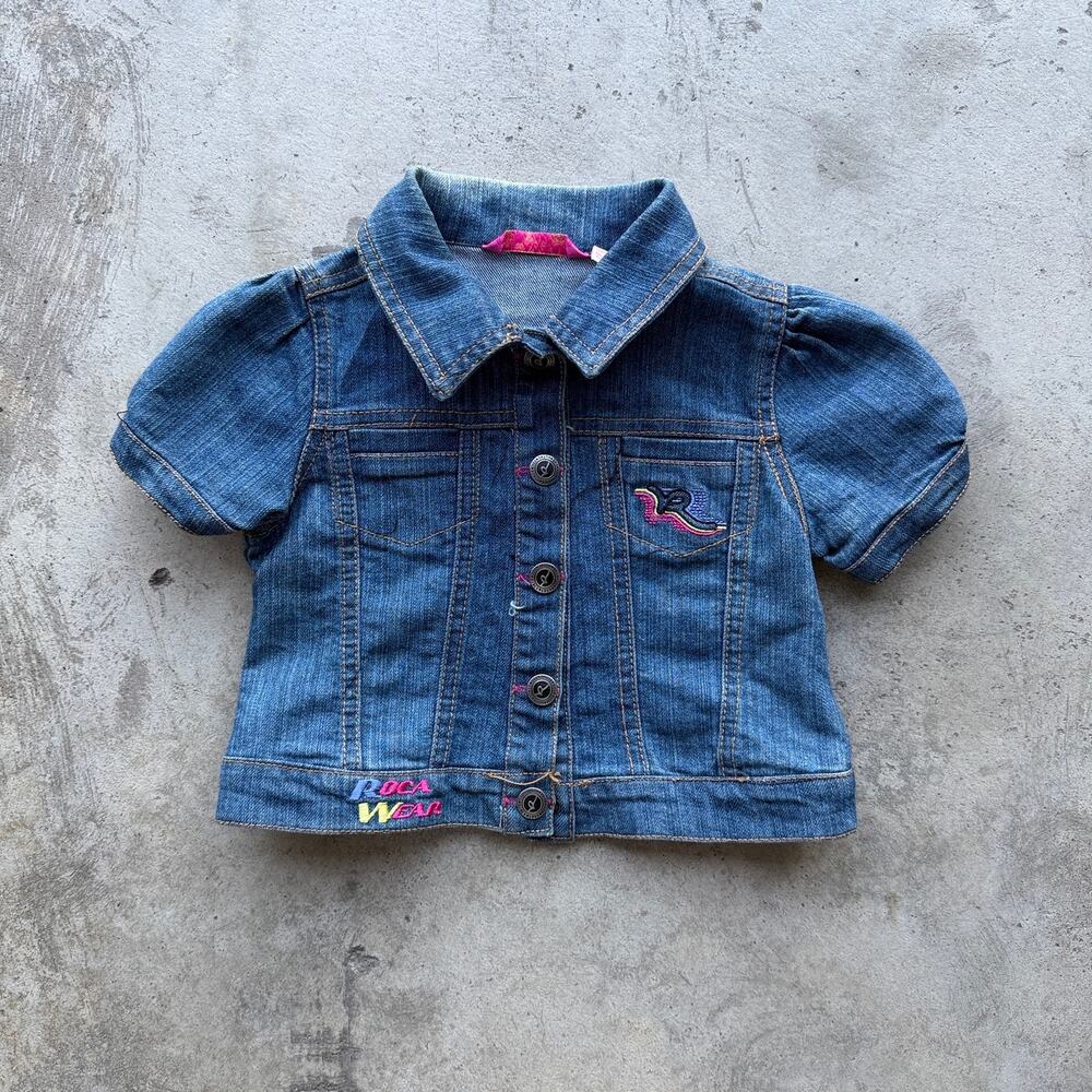 Vintage Y2K Rocawear Girls Denim Jacket 24M Short Sleeve Embroidered